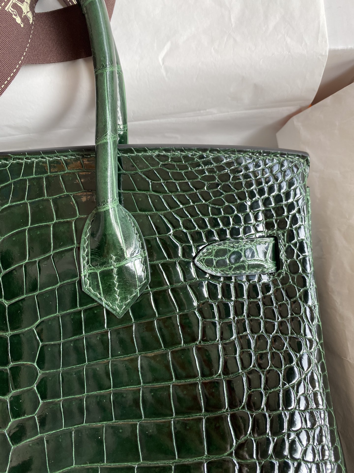 Hermes Birkin 30CM Handmade Bag In Green Crocodile Porosus Shiny Skin